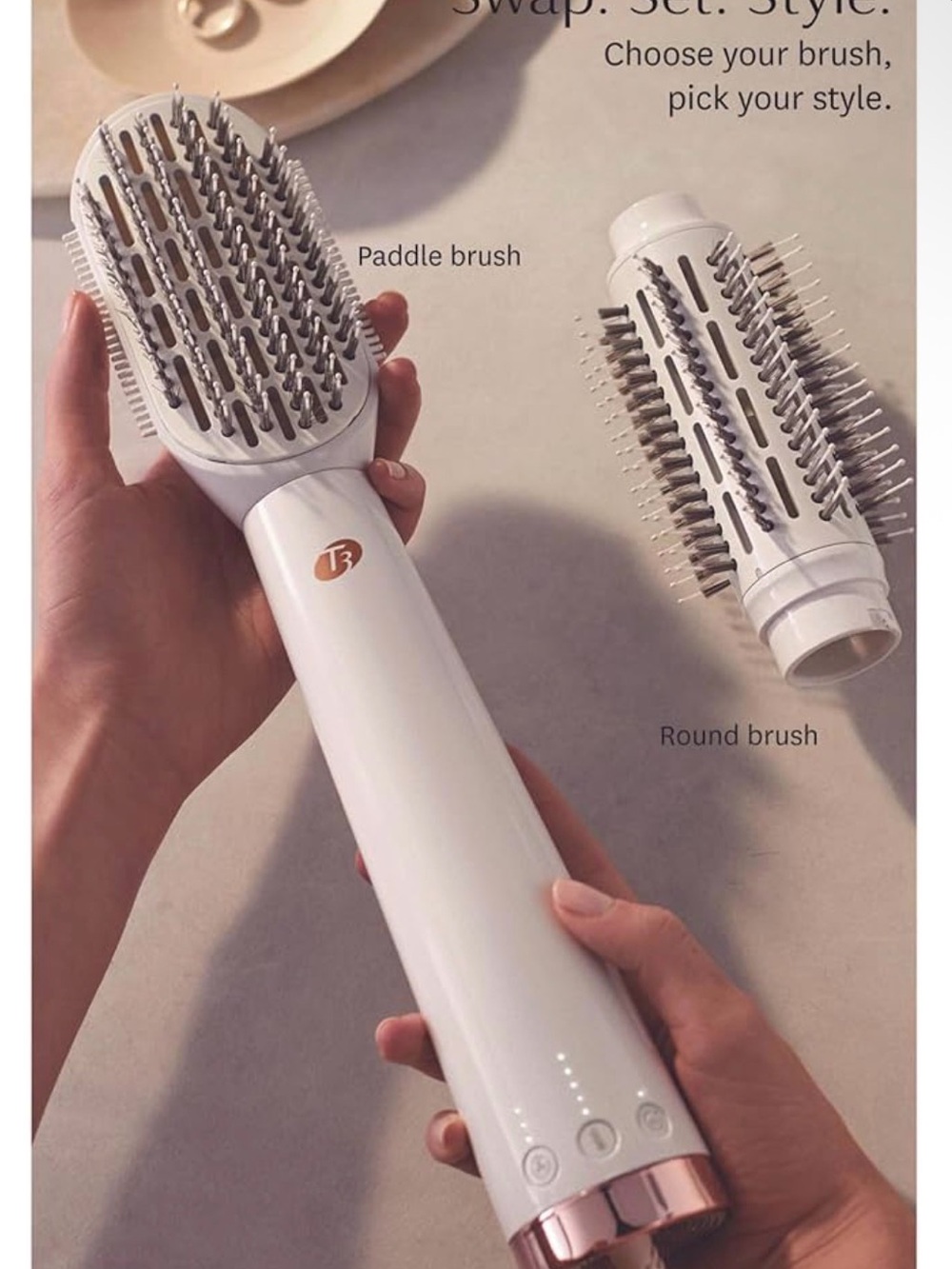 T3 White Paddle & Round Brush Hot Air Styler - White